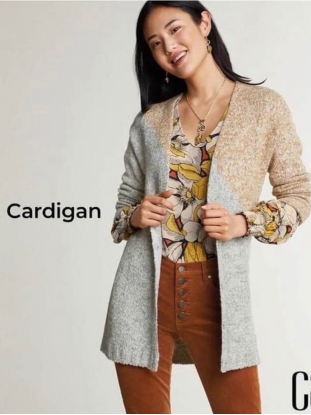 CAbi Tilt Cardigan in Gray & Tan
